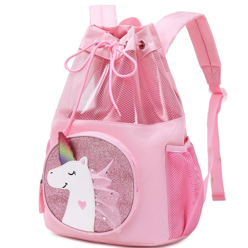 mygreen Unicorn Gifts for Girls Unicorn Bag Children Boy Girl Cartoon Print Drawstring Backpack Outdoor Casaul Portable Shoulder Bag Swim Gymsack Sack Pack Pink Lace Mesh - Image 2