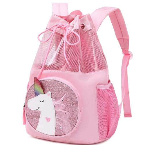 mygreen Unicorn Gifts for Girls Unicorn Bag Children Boy Girl Cartoon Print Drawstring Backpack Outdoor Casaul Portable Shoulder Bag Swim Gymsack Sack Pack Pink Lace Mesh - Image 1