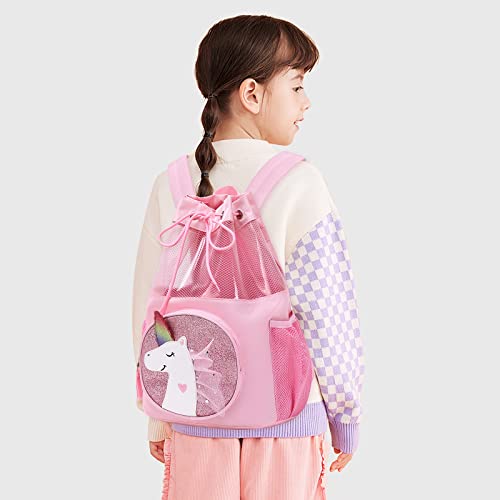 mygreen Unicorn Gifts for Girls Unicorn Bag Children Boy Girl Cartoon Print Drawstring Backpack Outdoor Casaul Portable Shoulder Bag Swim Gymsack Sack Pack Pink Lace Mesh - Image 3