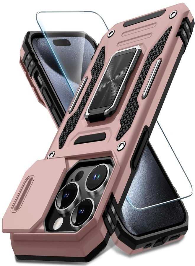 DEERLAMN جراب DEERLAMN لهاتف iPhone 15 Pro Max مع غطاء كاميرا منزلق + واقي شاشة (عبوة واحدة)، غطاء حماية مقاوم للصدمات بمسند حلقي دوار، بمواصفات عسكرية، مقاس 6.7 بوصة - ذهبي وردي - Image 1