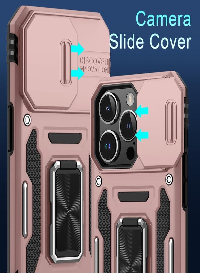 DEERLAMN جراب DEERLAMN لهاتف iPhone 15 Pro Max مع غطاء كاميرا منزلق + واقي شاشة (عبوة واحدة)، غطاء حماية مقاوم للصدمات بمسند حلقي دوار، بمواصفات عسكرية، مقاس 6.7 بوصة - ذهبي وردي - Image 3