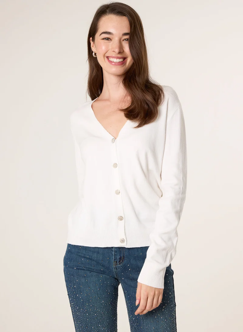 Blue Vanilla V Neck Diamante Button Cardigan