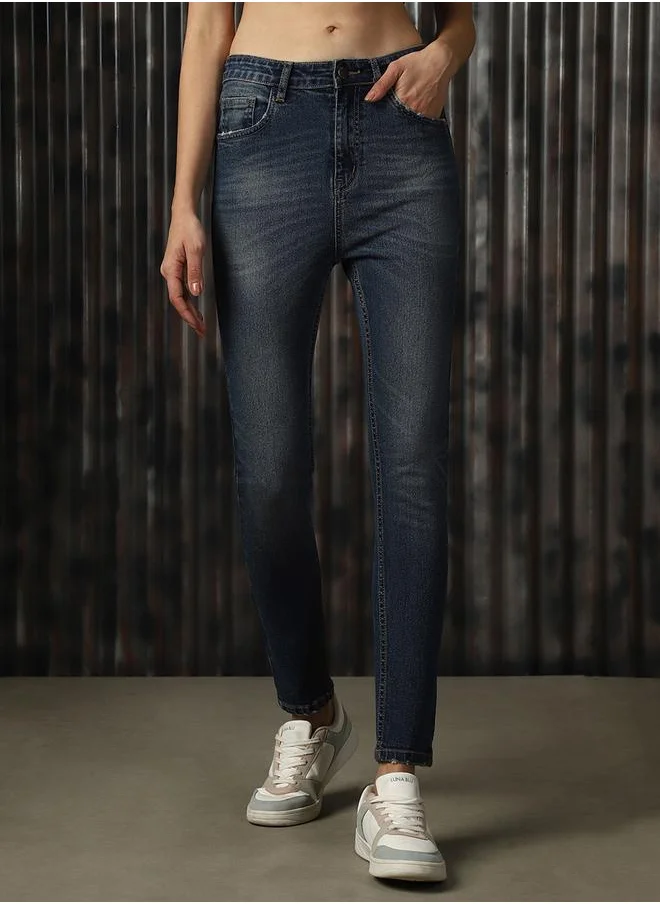 هاي ستار Women Jeans in Blue featuring Skinny fit fit with a washed pattern, regular length, secured with button closure, crafted from cotton – a stylish must-have for any occasion.