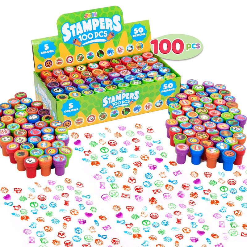 JOYIN 100 Pcs Assorted Stamps for Kids Self-Ink Stamps (50 Different Designs, Dinosaur, Zoo Safari Stampers) for Party Favor, Carnival Prizes, School, Easter Egg Stuffers, Halloween, Christmas - Image 1