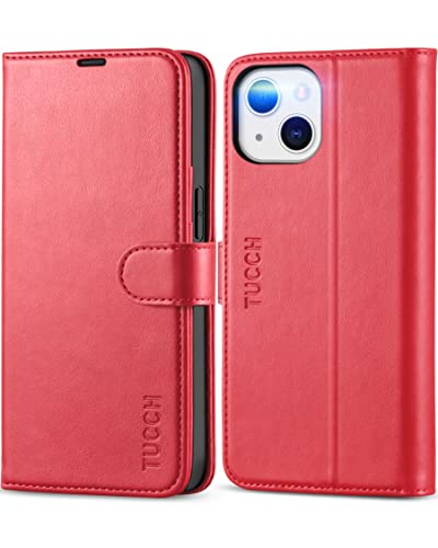 TUCCH Wallet Case for iPhone 13 6.1-inch 5G, [RFID Blocking] Card Slots Holder Stand [Shockproof TPU Interior Case] PU Leather Magnetic Protective Flip Cover Compatible with iPhone 13 6.1" 2021, Red - Image 1