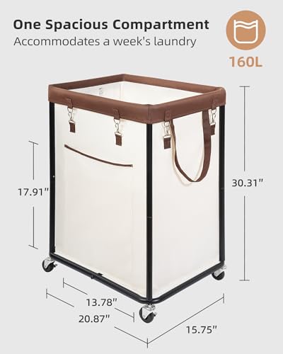 STORAGE MANIAC Large Laundry Basket with Wheels 160L Rolling Laundry Hamper Laundry Cart with Metal Frame and Removable Bag Clothes Hamper for Bedroom Bathroom Dorm Room Laundry Room Beige - Image 3