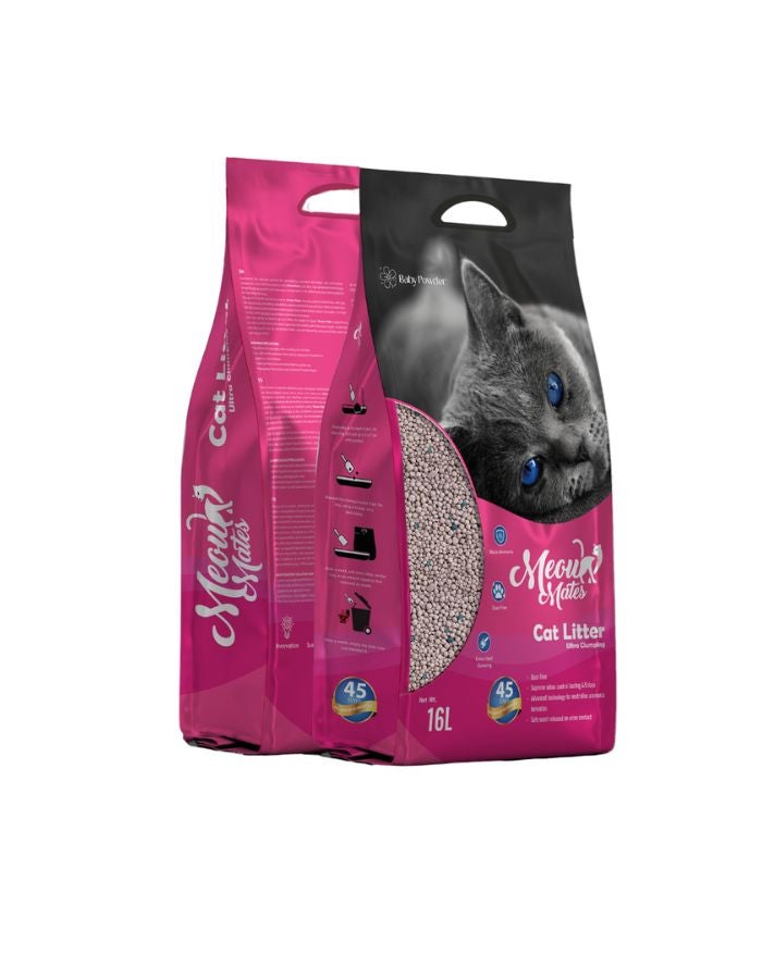 بنتونايت رمل قطط مياو ميتس بنتونيت - برائحة بودرة الأطفال، 16 لترًا / 5 كجم - متكتل ويتحكم بالرائحة لمدة 45 يومًا - Image 2
