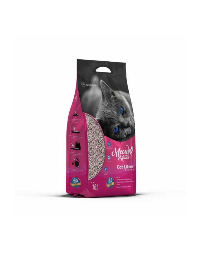 بنتونايت رمل قطط مياو ميتس بنتونيت - برائحة بودرة الأطفال، 16 لترًا / 5 كجم - متكتل ويتحكم بالرائحة لمدة 45 يومًا - Image 1