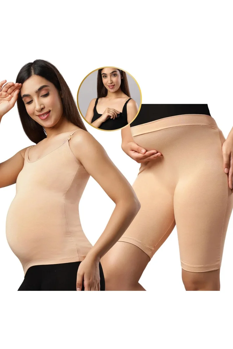 Tummy Combo Pack of Nursing Vest and High Waist Maternity Shorts-Beige