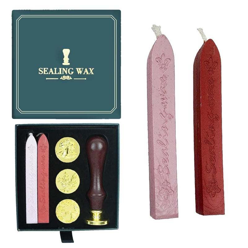 KIRA Wax Seal Stamp Kit Gift Box Set Wax Seal Kit 4Pcs Sealing Wax Stamp Copper Seals 1 Wooden Wax Seal Stamp Handle 2 Color Sealing Wax Bar Wax Stamp Kit for Cards Envelopes - Image 2