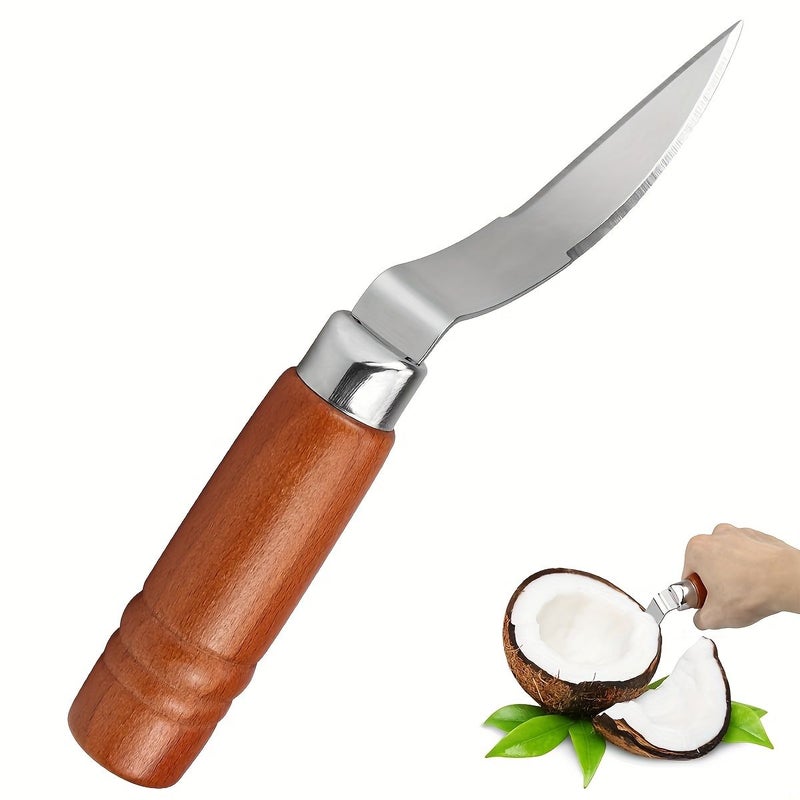 Coconut Meat Remover Tool With Wooden Handle And Stainless Steel Scraper - Image 1