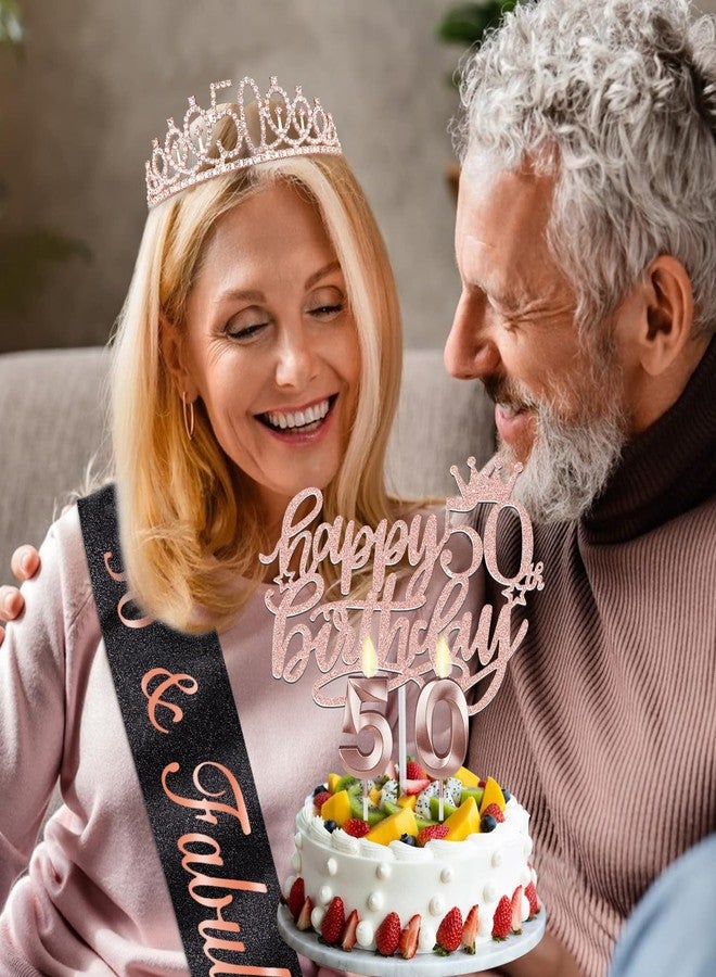 YeohJoy 50th Birthday Decorations for Her with Glittery Black 50th Birthday Sash and Rose Gold 50th Birthday Tiara Candles, Cake Topper and Balloons for 50th Birthday Decorations Women - Image 3