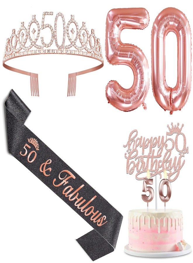 YeohJoy 50th Birthday Decorations for Her with Glittery Black 50th Birthday Sash and Rose Gold 50th Birthday Tiara Candles, Cake Topper and Balloons for 50th Birthday Decorations Women - Image 1