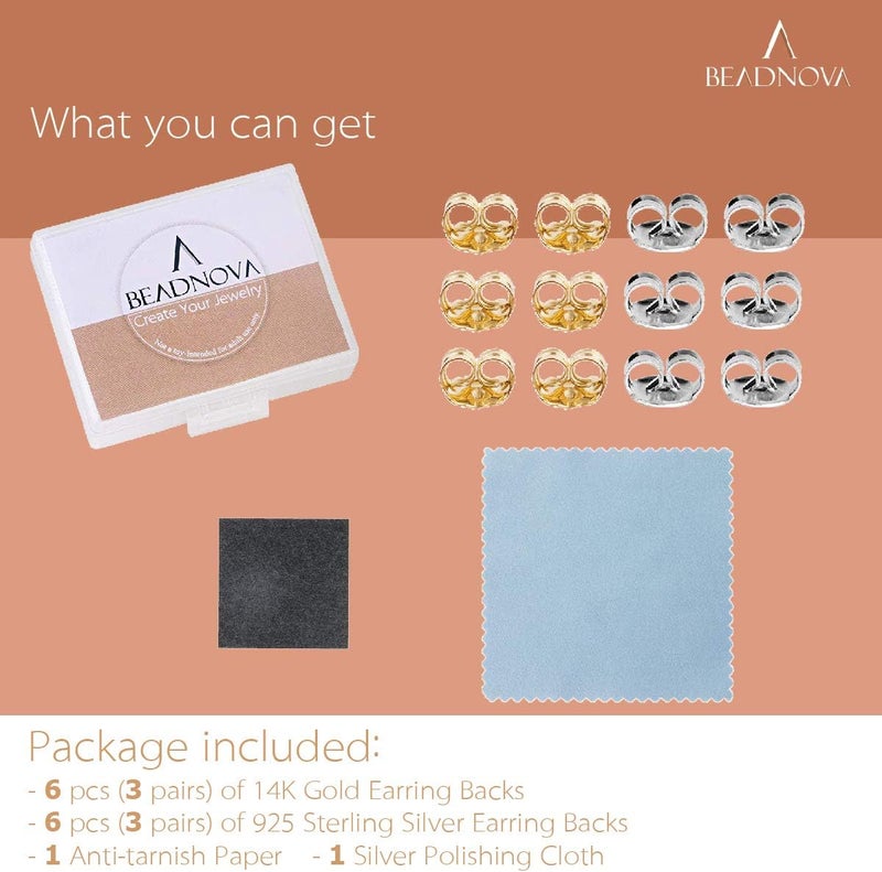 BEADNOVA 14K Gold 925 Sterling Silver Earring Backs Pierced Earring Backing Hypoallergenic Butterfly Ear Stud Backs for Studs (6 pcs 14K Gold, 6 pcs 925 Sterling Silver) - Image 4