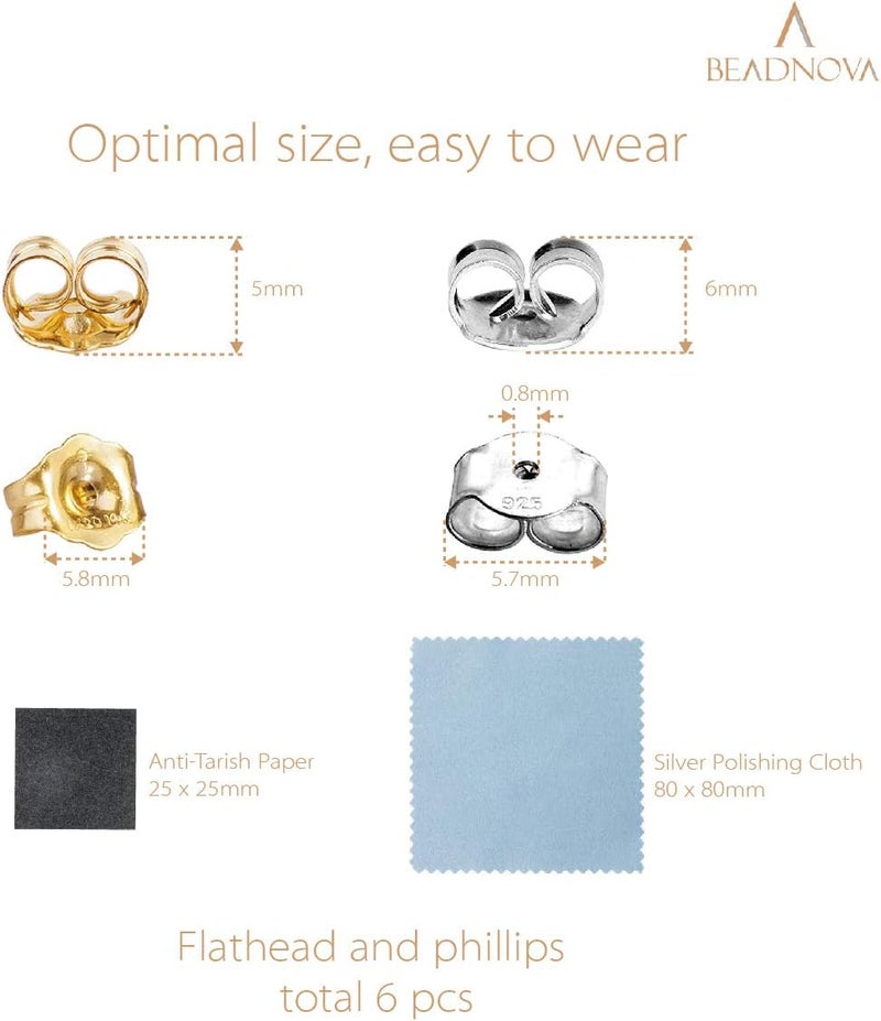 BEADNOVA 14K Gold 925 Sterling Silver Earring Backs Pierced Earring Backing Hypoallergenic Butterfly Ear Stud Backs for Studs (6 pcs 14K Gold, 6 pcs 925 Sterling Silver) - Image 2