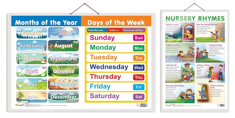 GoWoo Set Of 2 Months Of The Year And Days Of The Week And Nursery Rhymes Early Learning Educational Charts For Kids | 20"X30" Inch |Non-Tearable And Waterproof | Double Sided Laminated | - Image 1
