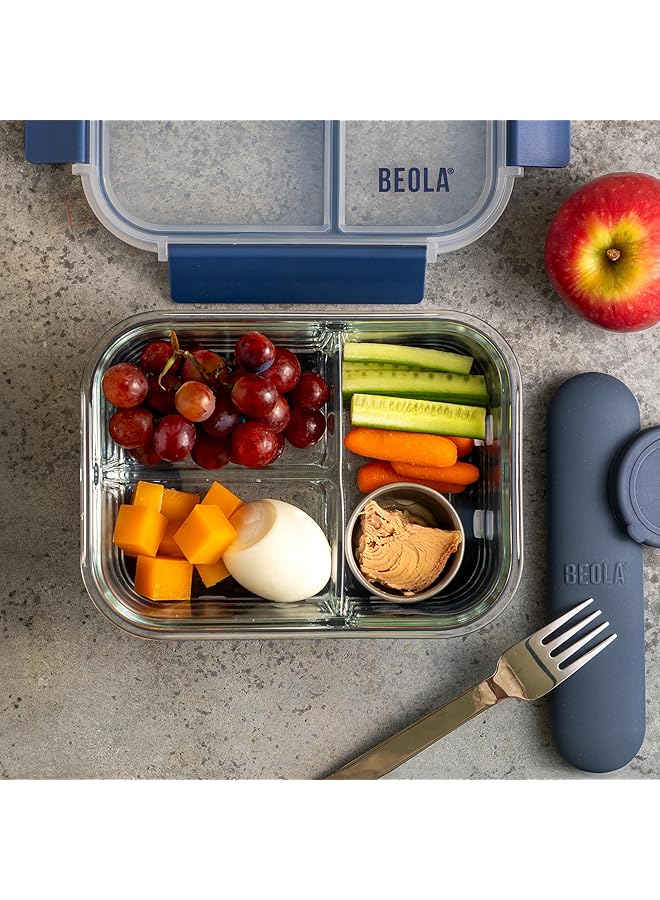 بيولا علبة تخزين طعام زجاجية بثلاثة أقسام، صندوق غداء، مع غطاء محكم الإغلاق وحماية من السيليكون، حاوية تحضير وجبات من ثلاثة أقسام، قابلة للتجميد، غسالة الأطباق، آمنة للاستخدام في الميكروويف، سعة 1050 مل (أزرق بحري) - Image 5