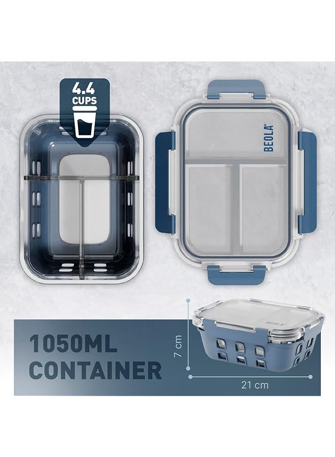 بيولا علبة تخزين طعام زجاجية بثلاثة أقسام، صندوق غداء، مع غطاء محكم الإغلاق وحماية من السيليكون، حاوية تحضير وجبات من ثلاثة أقسام، قابلة للتجميد، غسالة الأطباق، آمنة للاستخدام في الميكروويف، سعة 1050 مل (أزرق بحري) - Image 4