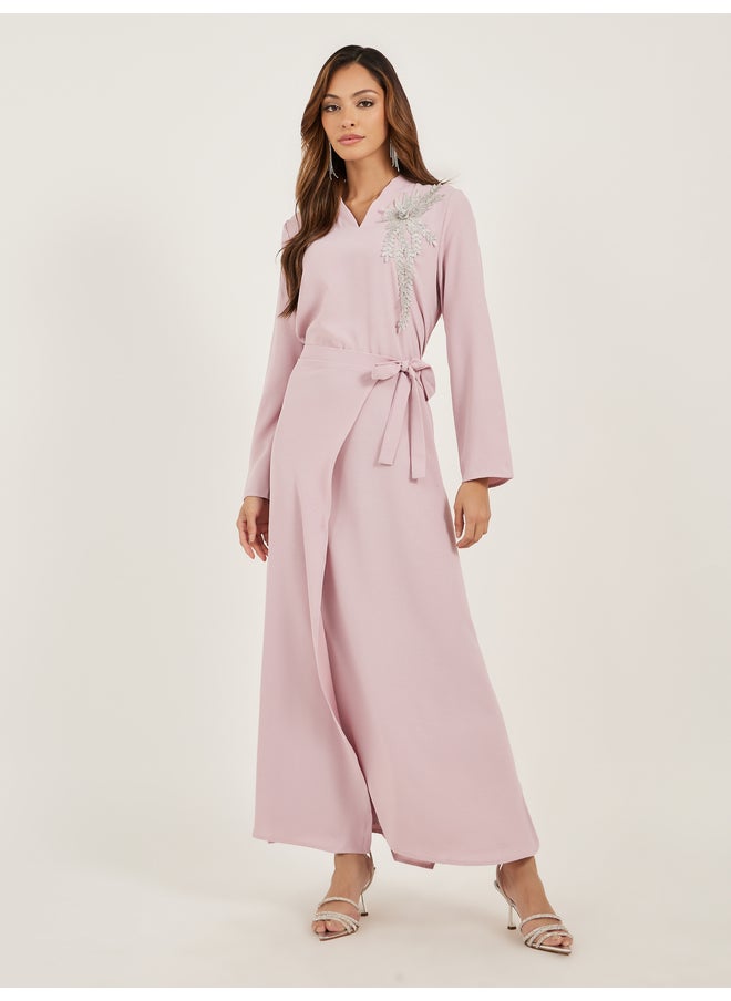 Styli Amirah Lace Detail V Neck Wrap Look Jalabiya  - Image 2