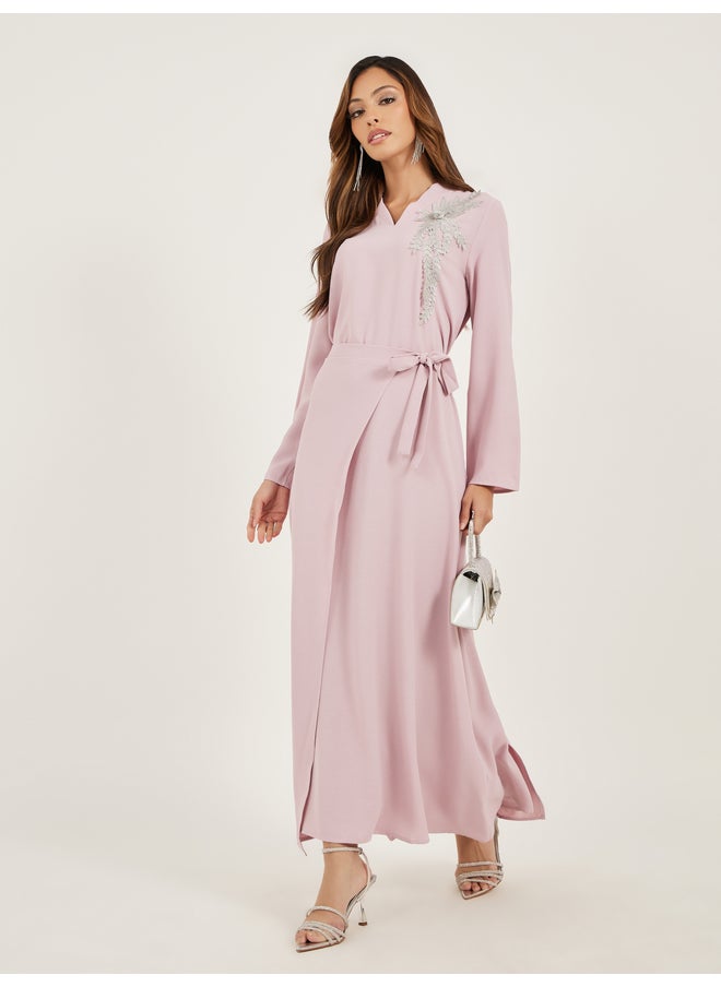 Styli Amirah Lace Detail V Neck Wrap Look Jalabiya  - Image 1