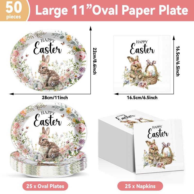 QOUBAI Happy Easter Oval Paper Plates Vintage Bunny Rabbit Flower Plates and Napkins Party Decorations Easter Floral Party Supplies 11inch Heavy Duty Dish Tray Dinnerware for Spring Picnic, 25 Guest - Image 2