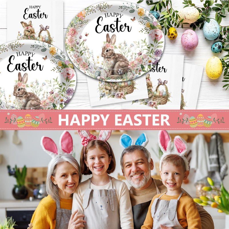 QOUBAI Happy Easter Oval Paper Plates Vintage Bunny Rabbit Flower Plates and Napkins Party Decorations Easter Floral Party Supplies 11inch Heavy Duty Dish Tray Dinnerware for Spring Picnic, 25 Guest - Image 3