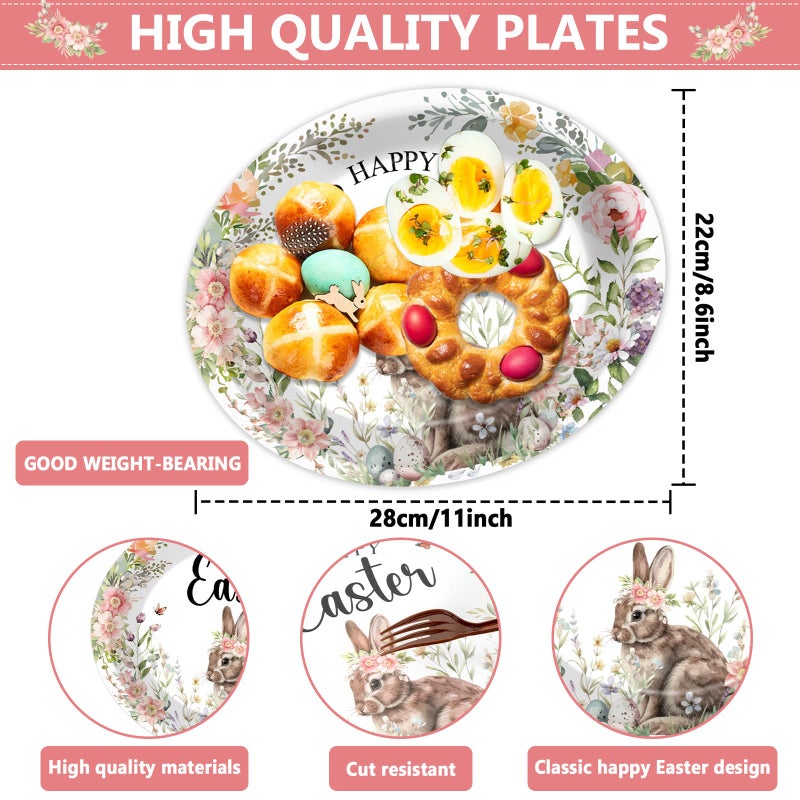 QOUBAI Happy Easter Oval Paper Plates Vintage Bunny Rabbit Flower Plates and Napkins Party Decorations Easter Floral Party Supplies 11inch Heavy Duty Dish Tray Dinnerware for Spring Picnic, 25 Guest - Image 4