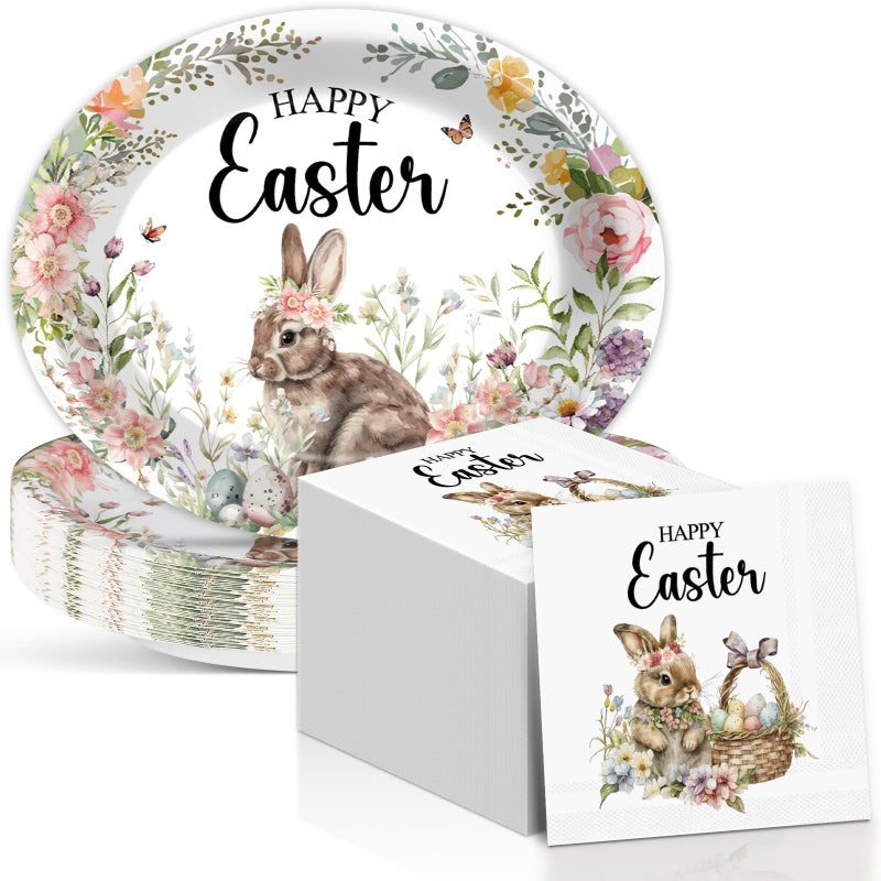 QOUBAI Happy Easter Oval Paper Plates Vintage Bunny Rabbit Flower Plates and Napkins Party Decorations Easter Floral Party Supplies 11inch Heavy Duty Dish Tray Dinnerware for Spring Picnic, 25 Guest - Image 1
