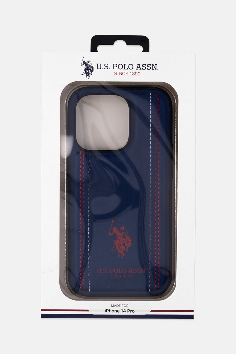 U.S. Polo Assn. Leather Case With Stitched Lines Double Line iPhone 14 Pro, Navy  - Image 1
