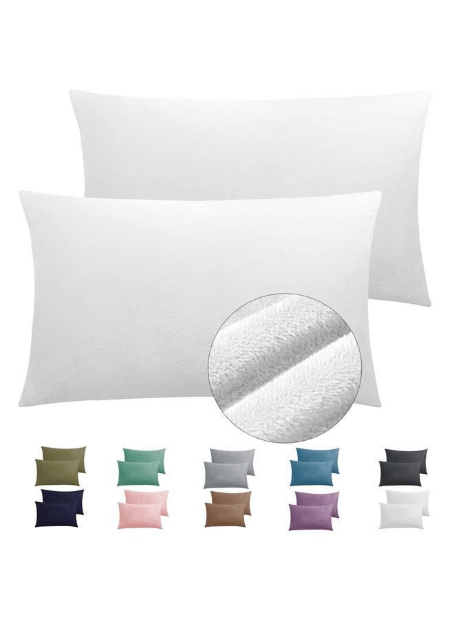 TELUS 2 Pack Zippered Velvet Standard Pillowcases, Super Soft and Cozy Luxury Fuzzy Flannel Pillow Cases with Zipper, 20x26 Inches, White - Image 1