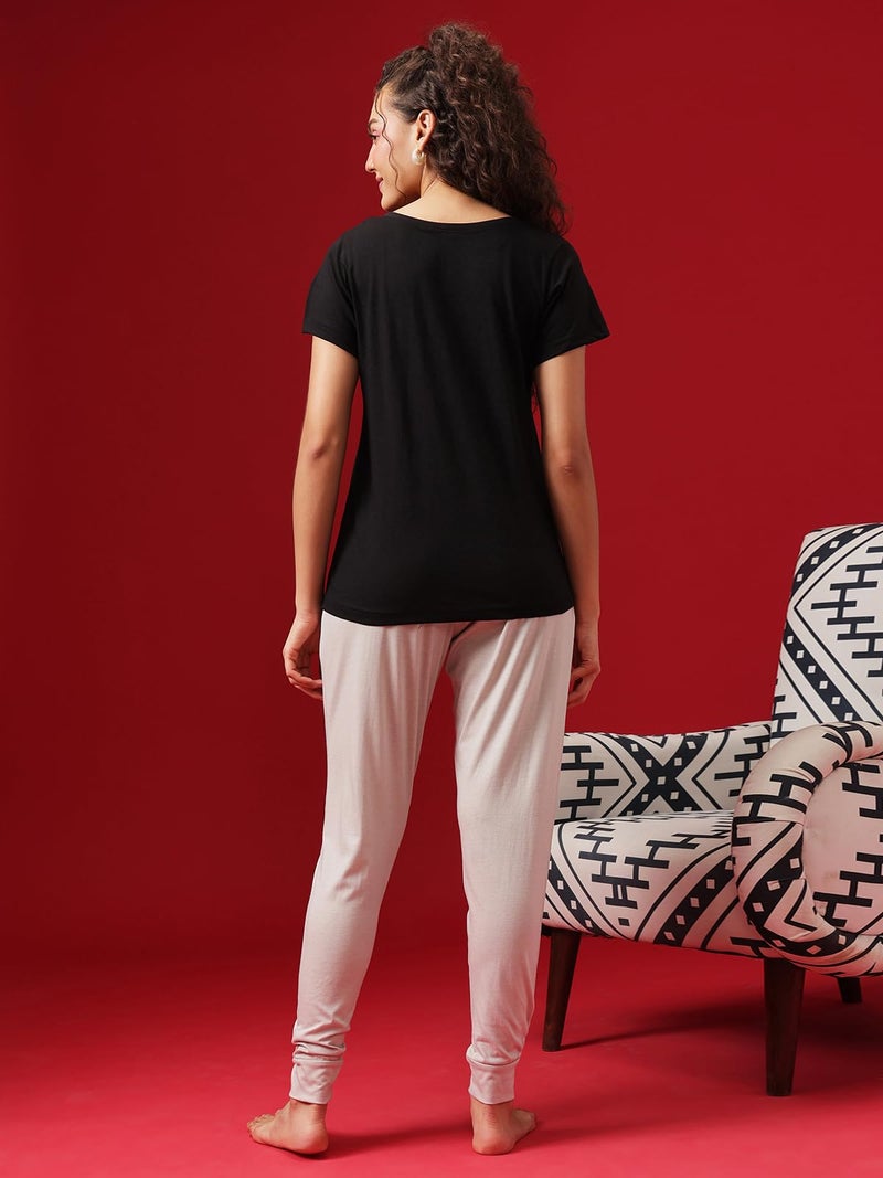 Clovia Women's Cotton Printed Top & Basic Pyjama Set (LS0581P13_Black_M) - Image 3
