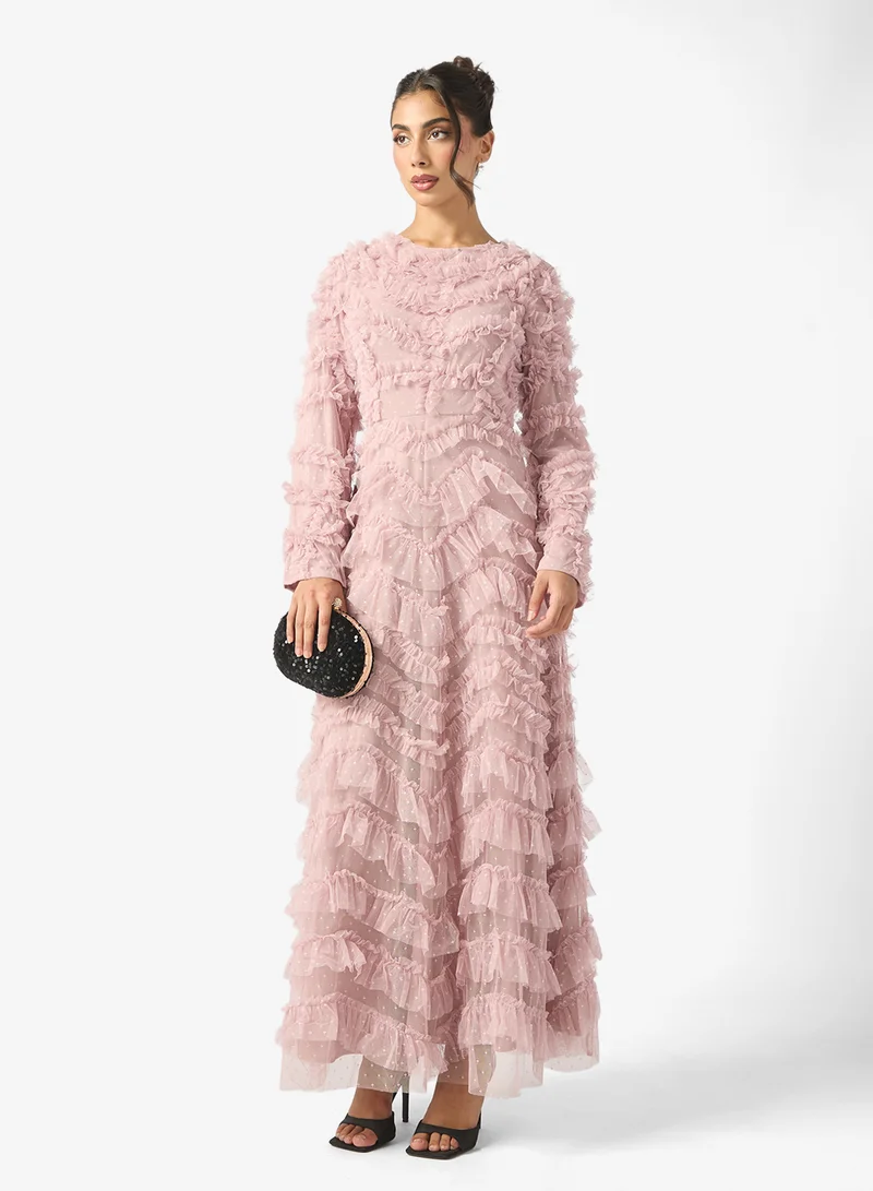 ماري Zaina Modest Ruffle Puff Sleeve Maxi Dress