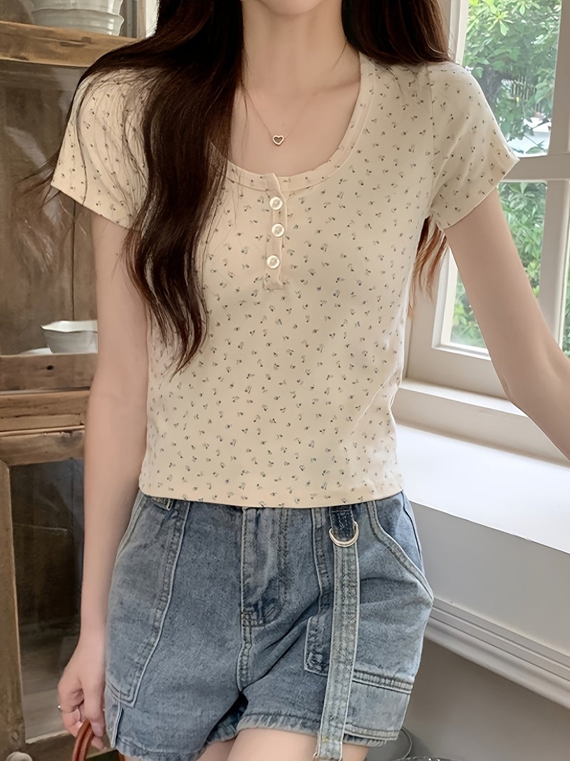 Women's Slim - Fit Short - Sleeve Button - Front T - Shirt - Small Floral Round Neck Blouse, - Line Top for Spring Summer Fall, Casual & Office Wear, Machine Washable (No) - Non - Button... - Image 2