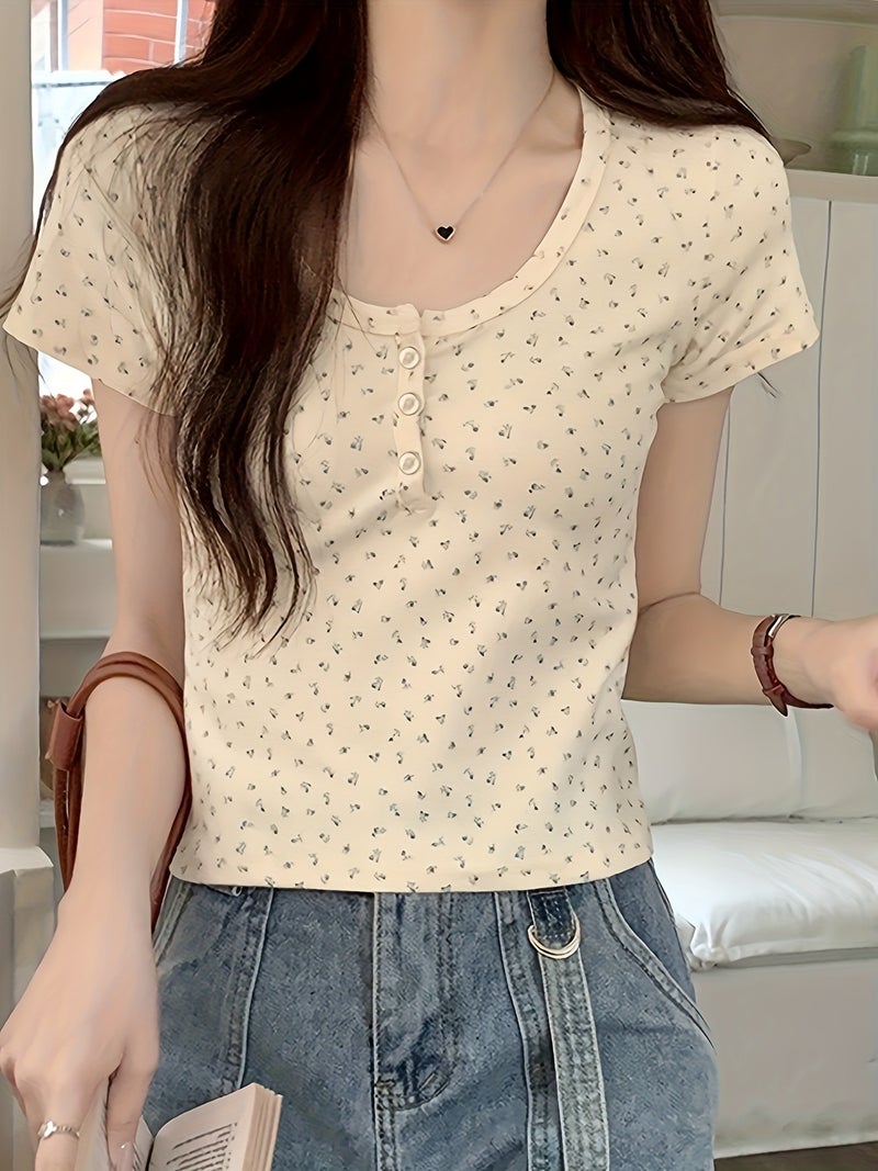 Women's Slim - Fit Short - Sleeve Button - Front T - Shirt - Small Floral Round Neck Blouse, - Line Top for Spring Summer Fall, Casual & Office Wear, Machine Washable (No) - Non - Button... - Image 4