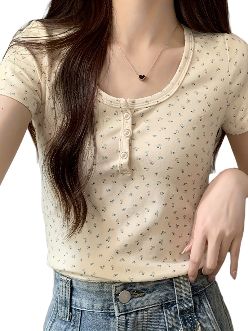 Women's Slim - Fit Short - Sleeve Button - Front T - Shirt - Small Floral Round Neck Blouse, - Line Top for Spring Summer Fall, Casual & Office Wear, Machine Washable (No) - Non - Button... - Image 1