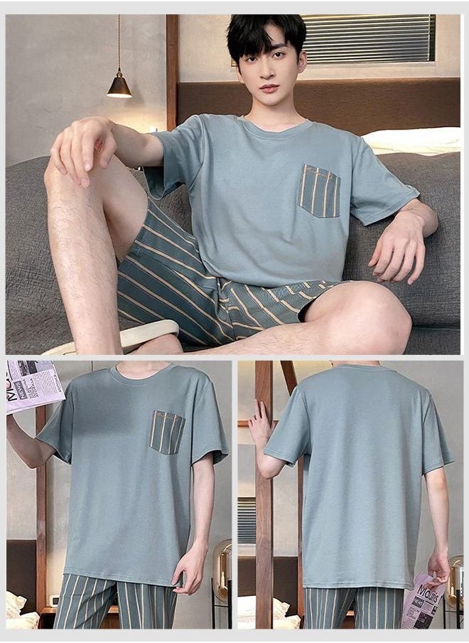 DUNISO - Men's Pajamas Set Nightwear Lightweight Round Neck Short Sleeve Stripes Short Pant Lounge 2 Pieces Sleepwear Nightgown Male Spring Summer Loungewear - Image 1