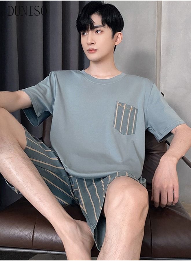 DUNISO - Men's Pajamas Set Nightwear Lightweight Round Neck Short Sleeve Stripes Short Pant Lounge 2 Pieces Sleepwear Nightgown Male Spring Summer Loungewear - Image 1