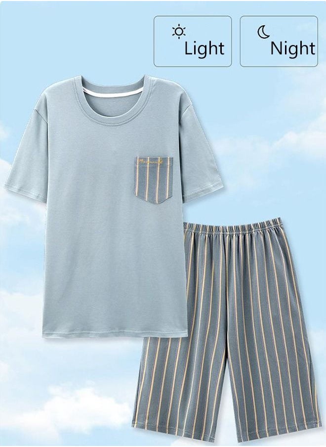 DUNISO - Men's Pajamas Set Nightwear Lightweight Round Neck Short Sleeve Stripes Short Pant Lounge 2 Pieces Sleepwear Nightgown Male Spring Summer Loungewear - Image 1