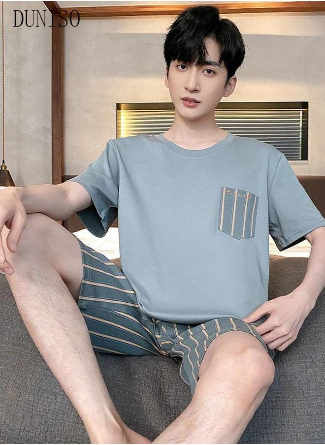 DUNISO - Men's Pajamas Set Nightwear Lightweight Round Neck Short Sleeve Stripes Short Pant Lounge 2 Pieces Sleepwear Nightgown Male Spring Summer Loungewear - Image 1