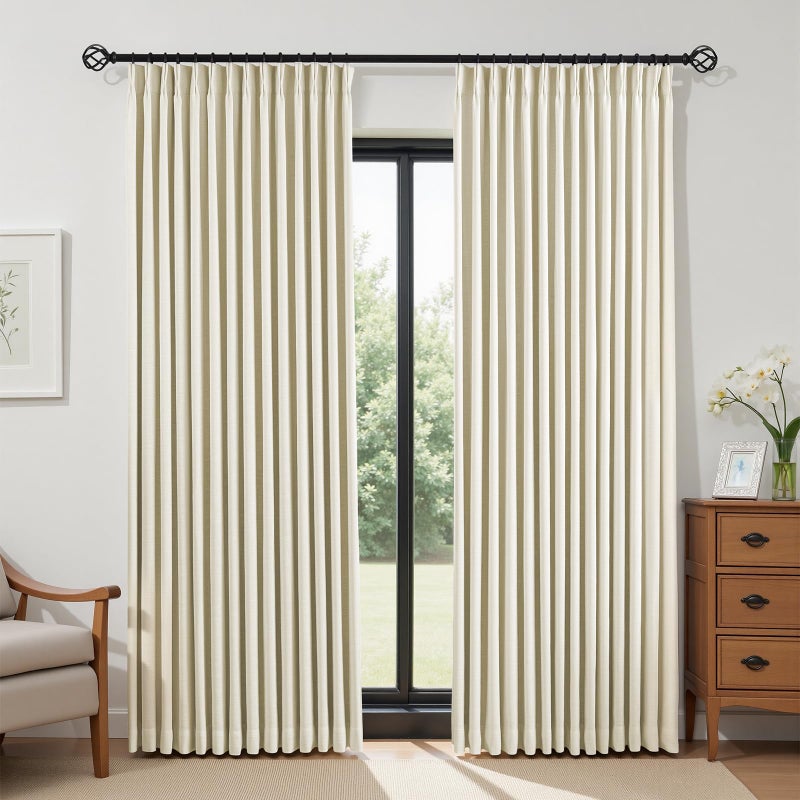 IVAPUPU Cream Beige Pinch Pleated Full Blackout Linen Curtains for Bedroom, Black Out Curtains 90 Inches Long for Living Room Darkening Thermal Insulated Neutral Pleat Drapes with 16 Hooks, 2 Panels - Image 1