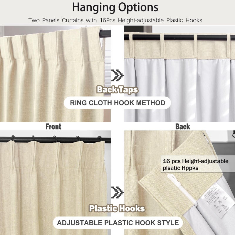 IVAPUPU Cream Beige Pinch Pleated Full Blackout Linen Curtains for Bedroom, Black Out Curtains 90 Inches Long for Living Room Darkening Thermal Insulated Neutral Pleat Drapes with 16 Hooks, 2 Panels - Image 3