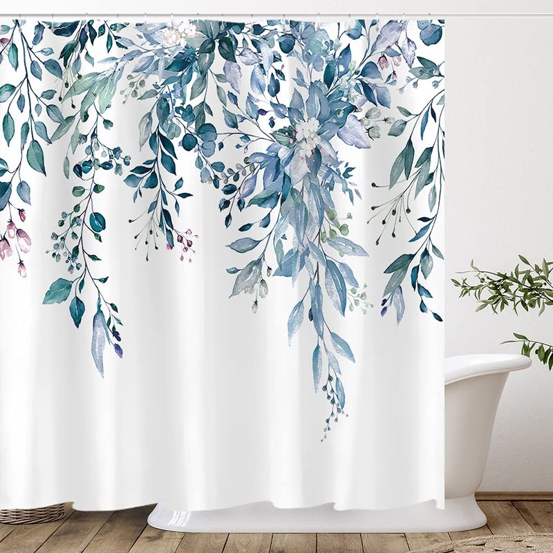 Tititex Eucalyptus Shower Curtain Sets Watercolor Leaves on The Top Plant with Floral Bathroom Decoration 72x78 Inch with Hooks