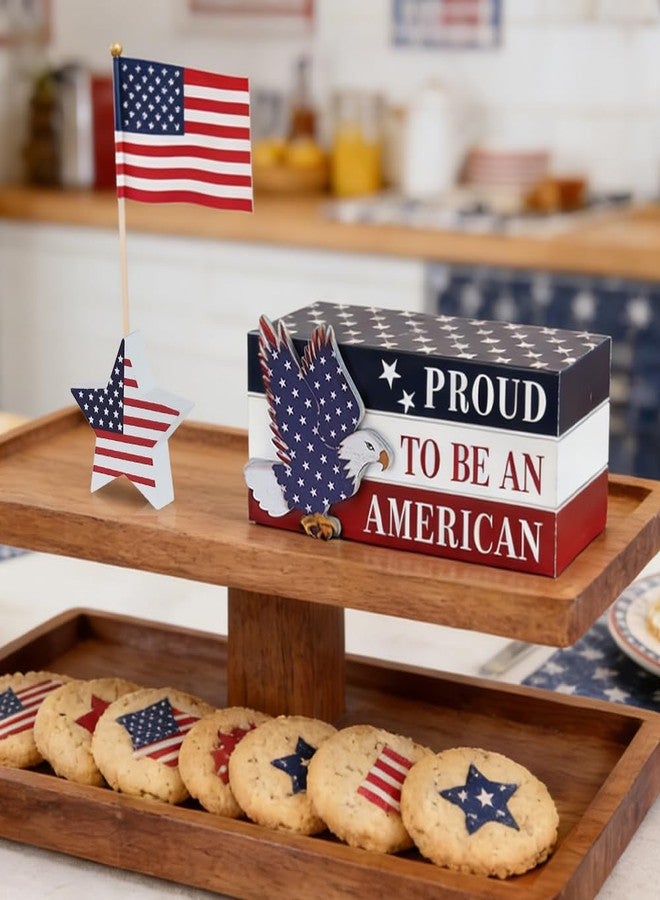 DECSPAS 4th of July Decorations, Memorial Day Decorations, Wooden Stacked Books Sign with Stars, Patriotic Independence Day American Eagle Decor for The Home, Fourth of July, Tiered Tray Table Mantel - Image 4