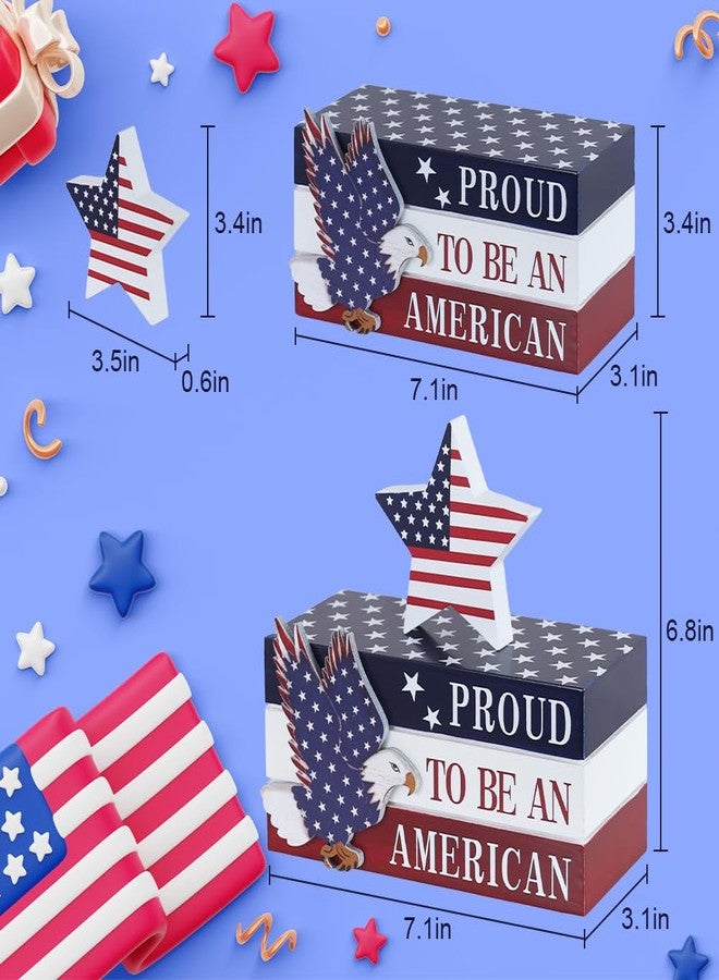 DECSPAS 4th of July Decorations, Memorial Day Decorations, Wooden Stacked Books Sign with Stars, Patriotic Independence Day American Eagle Decor for The Home, Fourth of July, Tiered Tray Table Mantel - Image 3