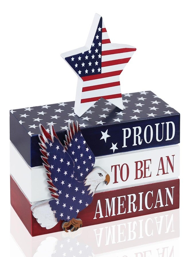 DECSPAS 4th of July Decorations, Memorial Day Decorations, Wooden Stacked Books Sign with Stars, Patriotic Independence Day American Eagle Decor for The Home, Fourth of July, Tiered Tray Table Mantel - Image 1