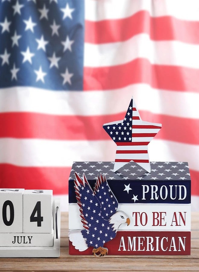 DECSPAS 4th of July Decorations, Memorial Day Decorations, Wooden Stacked Books Sign with Stars, Patriotic Independence Day American Eagle Decor for The Home, Fourth of July, Tiered Tray Table Mantel - Image 2