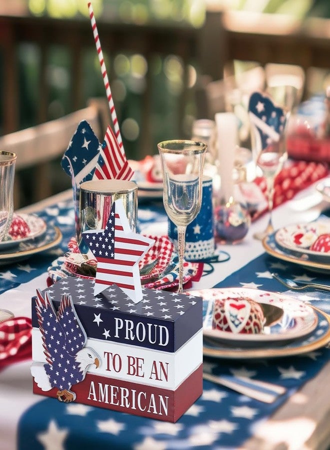 DECSPAS 4th of July Decorations, Memorial Day Decorations, Wooden Stacked Books Sign with Stars, Patriotic Independence Day American Eagle Decor for The Home, Fourth of July, Tiered Tray Table Mantel - Image 5