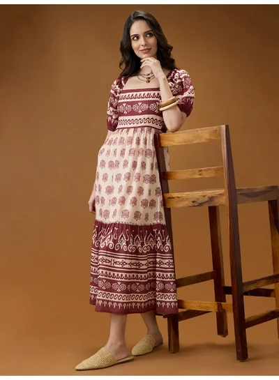 globus Women Maroon Square Neck Puff Sleeves Ethnic Print Smocked Tiered Fit & Flare Midi Dress