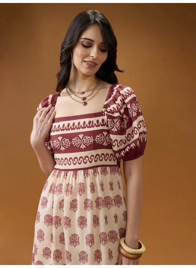 globus Women Maroon Square Neck Puff Sleeves Ethnic Print Smocked Tiered Fit & Flare Midi Dress