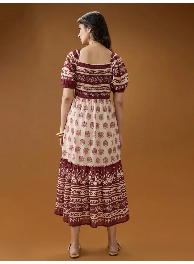 globus Women Maroon Square Neck Puff Sleeves Ethnic Print Smocked Tiered Fit & Flare Midi Dress
